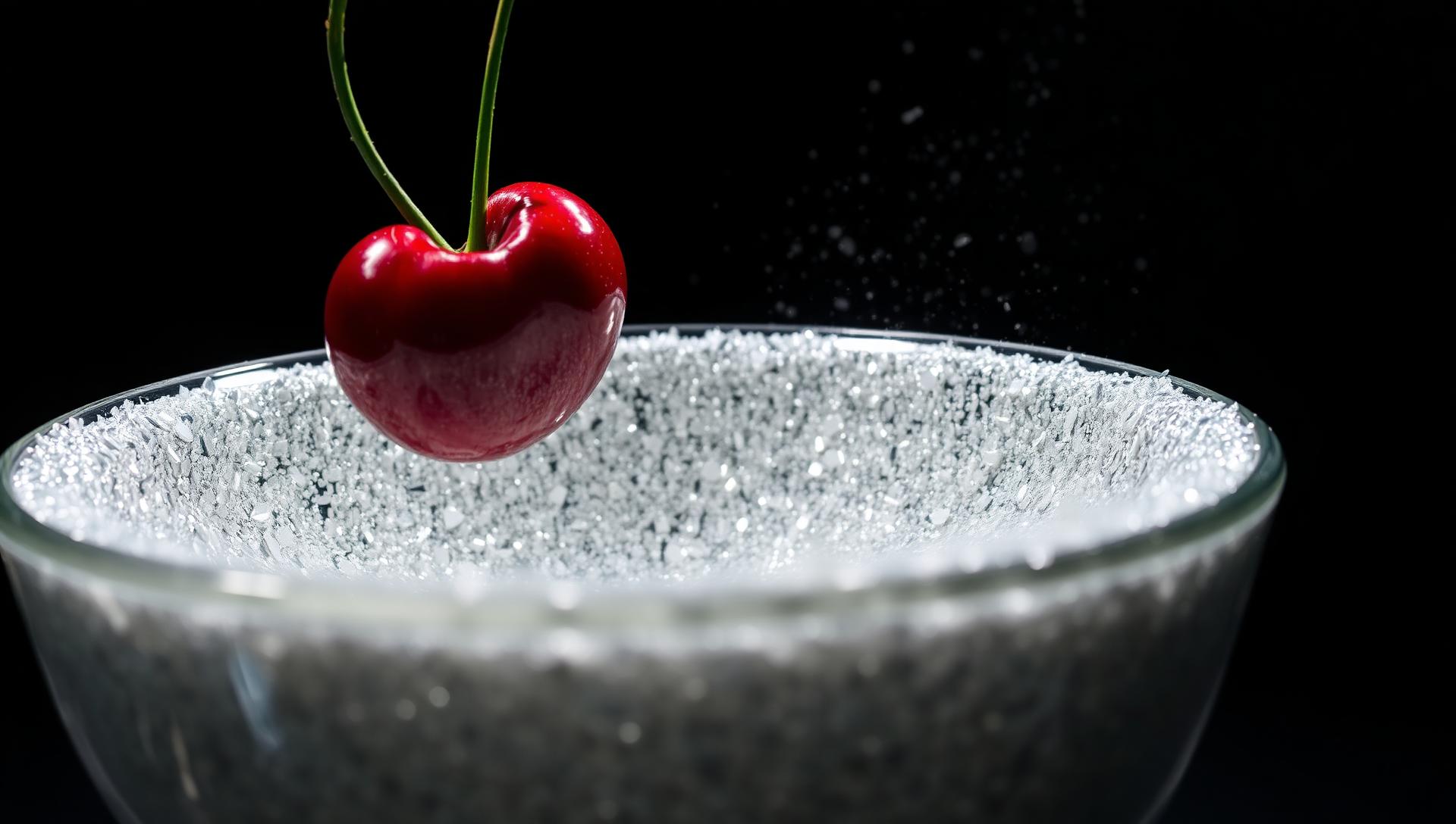 Glossy red cherry falling into a bowl of silver glitter