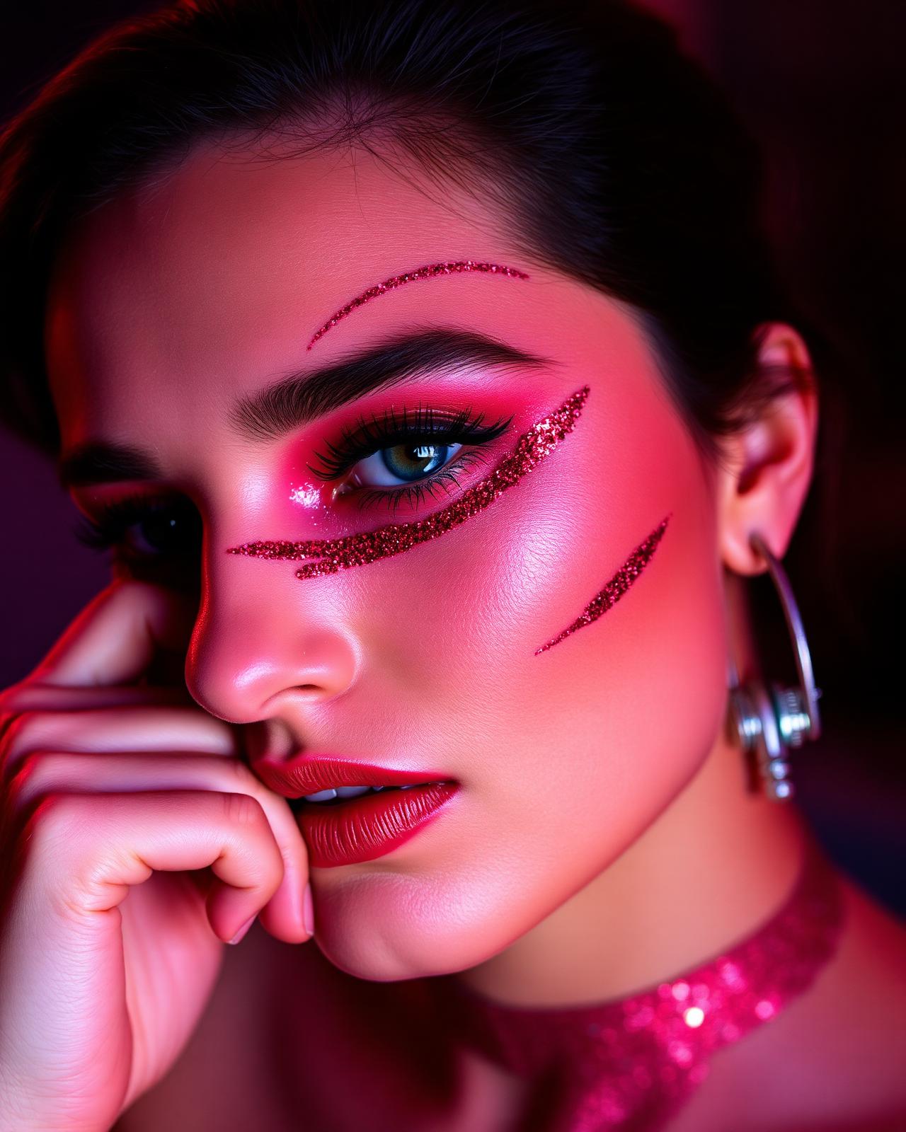 Model with cherry red and pink glitter face artistry